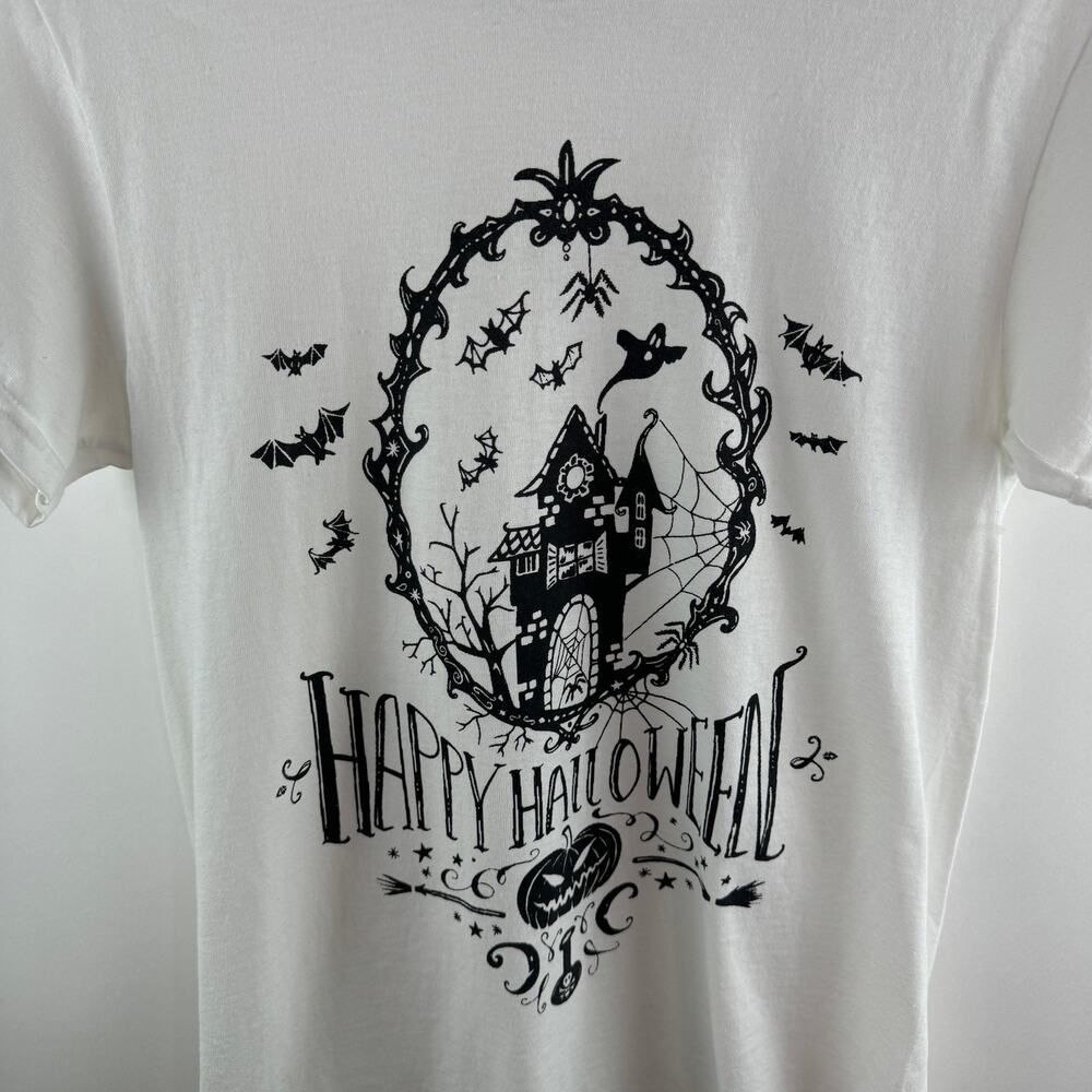 Happy Halloween Haunted House Graphic Tee White Womens Size Small‎ 100% Cotton